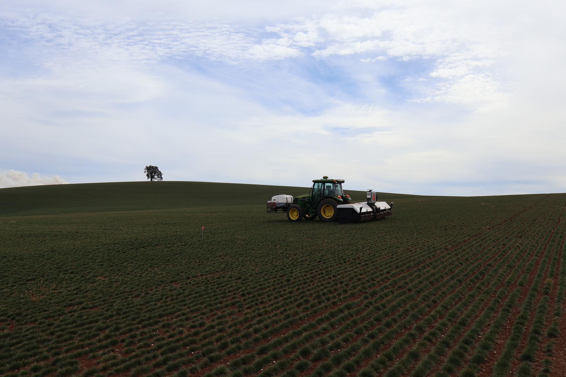 Atlas working a grass field on a rolling hill.